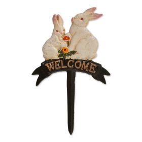 Cast Iron Bunny Rabbits Welcome Flower Pot Stake