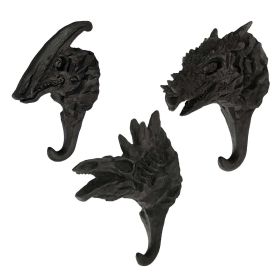 3-Packs Lifelike Dinosaur Fossils Wall Mounted Hooks Kitchen Bathroom Decorative Coat Key Wall Hanging Hooks,Matte Black