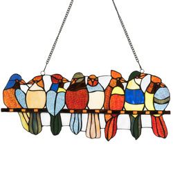 22.5" Tiffany Glass Window Panel 8 Birds Hanging with Chain