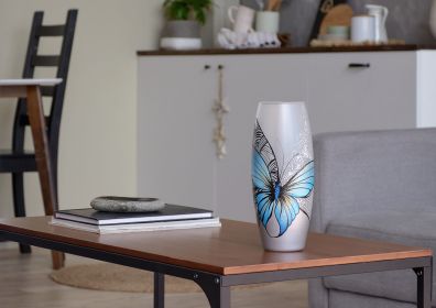 Handpainted Glass Vase for Flowers | Blue Butterfly Painted Art Glass Oval Vase | Interior Design | Table vase 10 inch