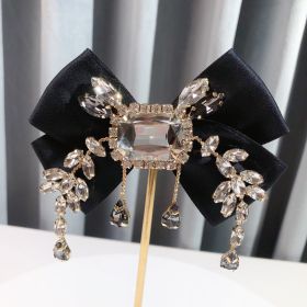 Rhinestone Solid Vintage British Bow Tie Breast Pin Brooch (Color: Black)