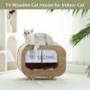 Classic Wooden TV-Shaped Cat Bed; Cat House with Cushion; White