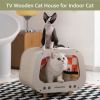 Classic Wooden TV-Shaped Cat Bed; Cat House with Cushion; White