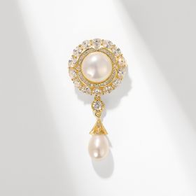 High-end Palace Style Zircon Brooch Round Water Drop Shell Pearls Temperament Clothing Accessories Pin (Option: Golden White)